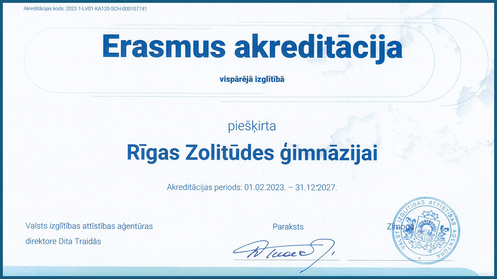 Rīgas Zolitūdes ģimnāzijai piešķirta Erasmus akreditācija līdz 2027.gadam