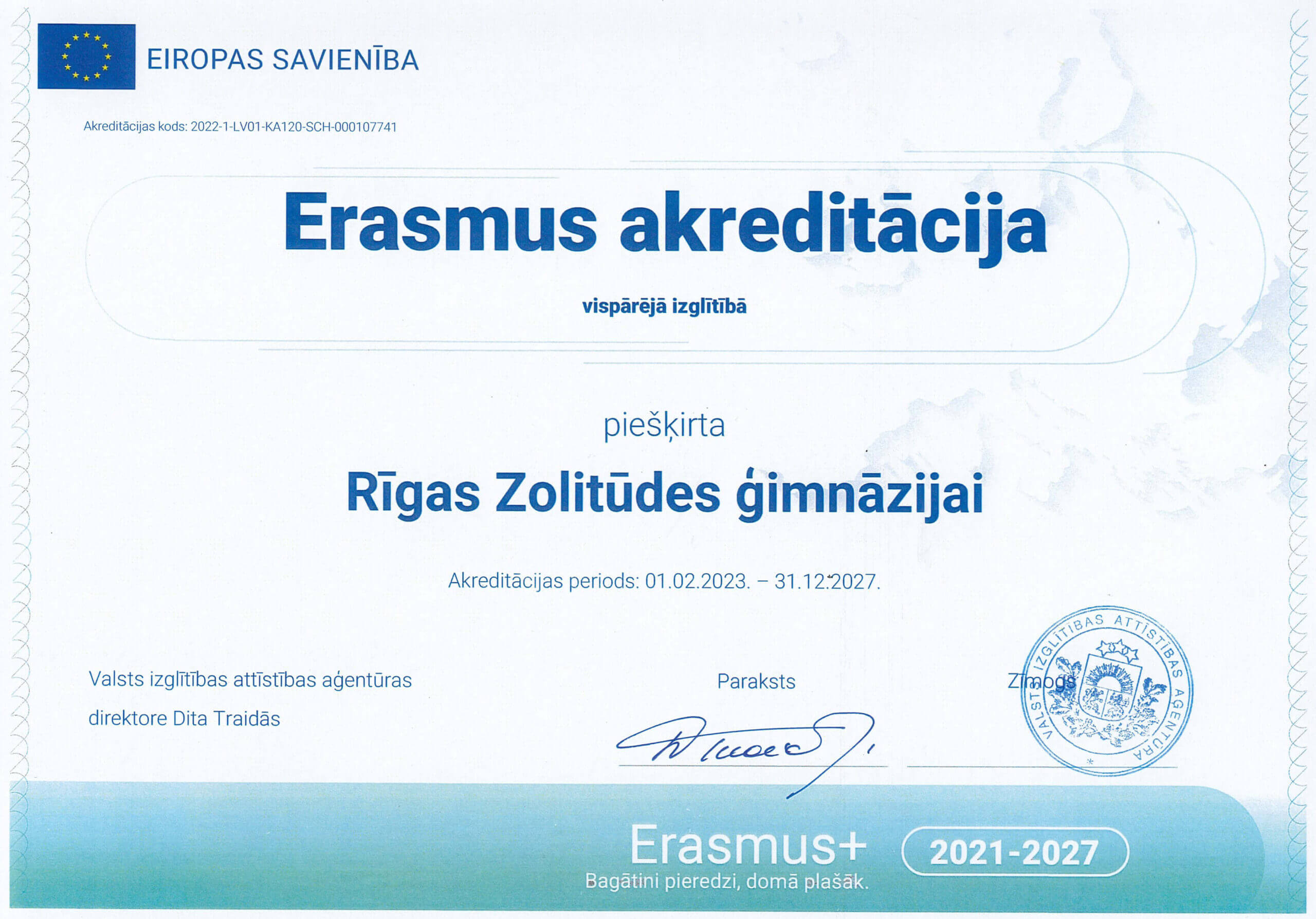 Rīgas Zolitūdes ģimnāzijai šajā mācību gadā tika piešķirta Erasmus akreditācija starptautisku projektu realizēšanai līdz 2027.gadam 1 Rīgas Zolitūdes ģimnāzijai piešķirta Erasmus akreditācija līdz 2027.gadam