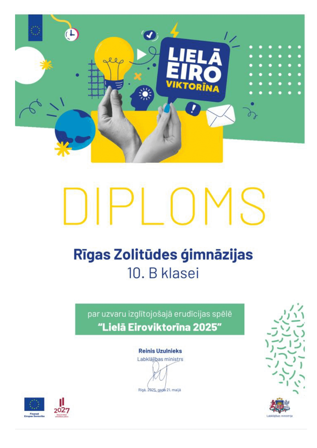 Rīgas Zolitūdes ģimnāzijas 10.B klase uzvar "Lielajā Eiroviktorīnā 2025"